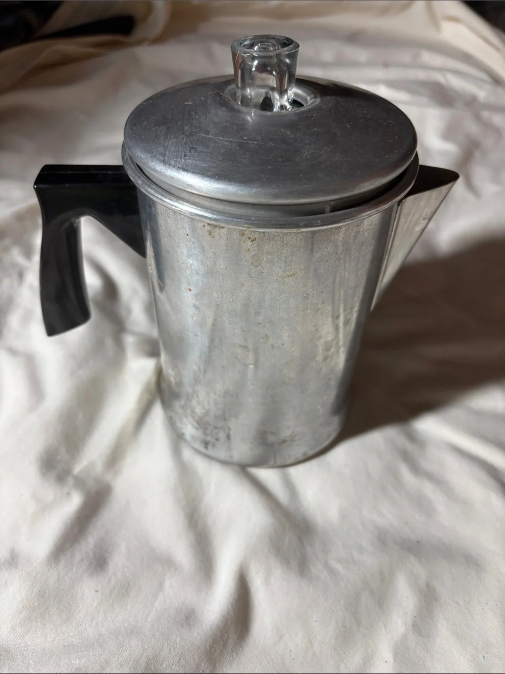 Vintage Silver Aluminum Coffee Percolator with Black Handle